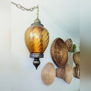 Mid Century 60s 70s Brass Amber Swirl Glass Hanging Swag Lamp / Light
